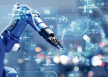 Illustration of a robotic arm with a blue background