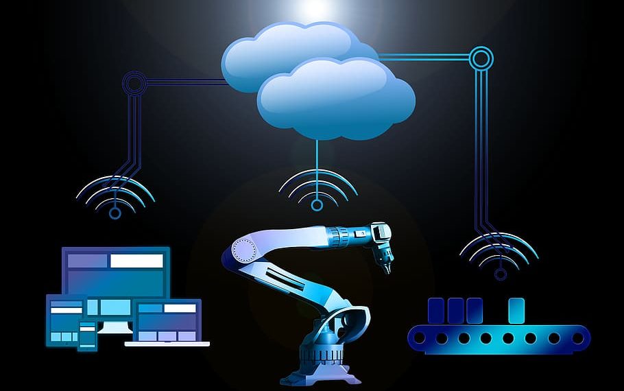 Figura de uma nuvem a pairar sobre logótipos referentes a indústria para ilustrar o impacto da Internet of Things na Indústria 4.0