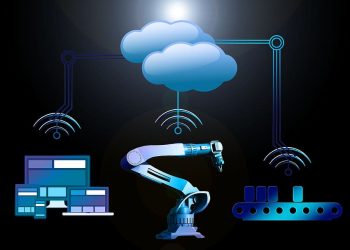 Figure of a cloud over manufacturing devices to illustrate how the Internet of Things works through Industry 4.0