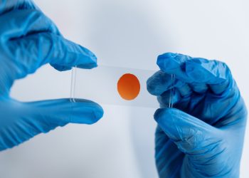 Drop of blood in a glass surface inside a lab